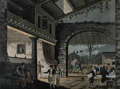 An open tavern with large archway with drinks being brought to a table of diners and a lady alighting from her phaeton