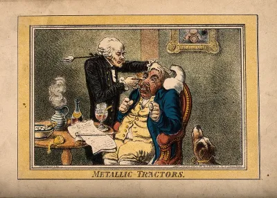 An operator treating the carbuncled nose of an obese patient with "Perkins's tractors"