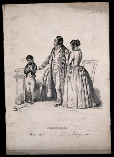 An opinionated child ignores his parents; representing the faculty of obstinacy in phrenology