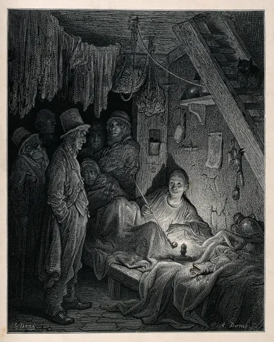An opium den in London's East End with a reclining smoker being watched by a group of men
