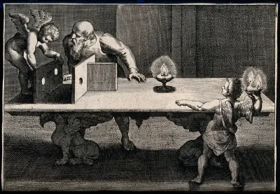 An optical experiment, by which a man and an angel demonstrate that the strength of a beam of light is not proportionate to the distance which it has travelled