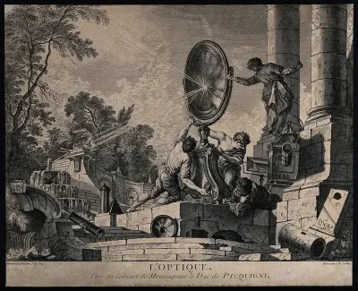 An optical experiment using a giant lens to reflect sun-rays to create fire, with optical instruments scattered and fountains in a Baroque setting