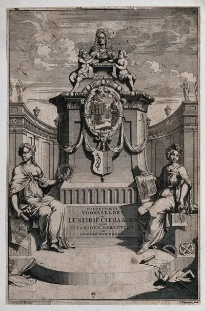 An ornate garden monument with women seated either side holding garden plans and design implements