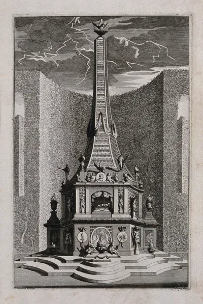 An ornate garden obelisk decorated with flaming urns and figures with burning torches