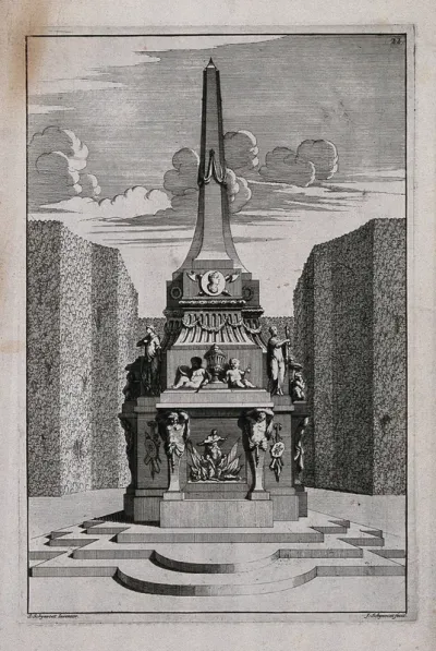 An ornate garden obelisk embellished with statues and urns