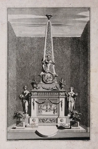 An ornate garden obelisk flanked by statues of women holding garden produce