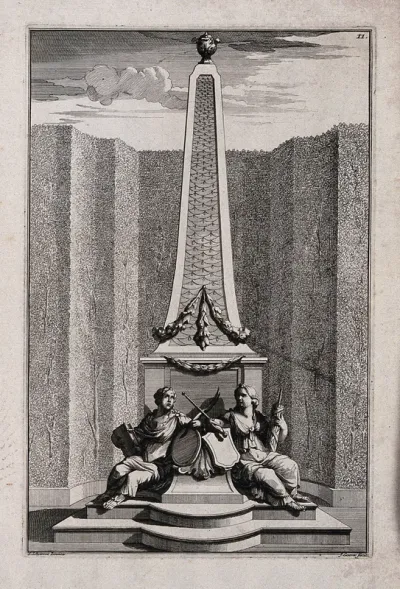 An ornate garden obelisk flanked by women with writing materials and blank tablets