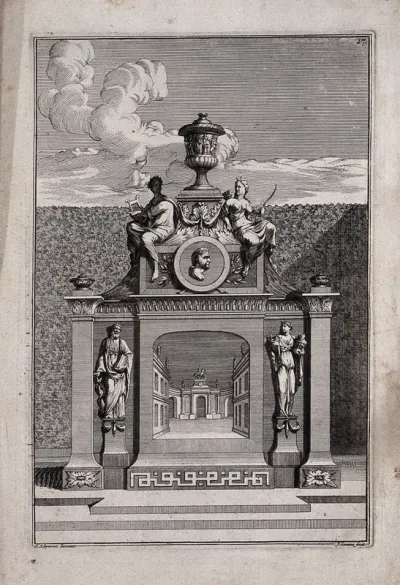 An ornate garden obelisk with a triumphal arch carved on the base