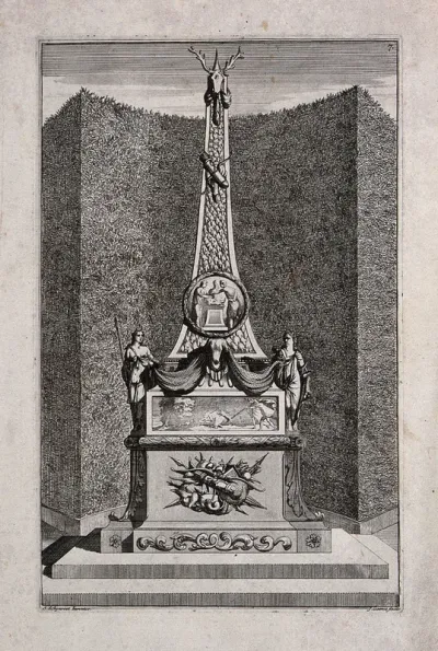 An ornate garden obelisk with carvings depicting hunting scenes and weapons