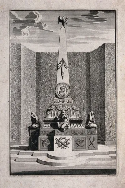 An ornate garden obelisk with women seated on the base shielding their eyes
