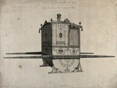 An ornate sedan chair with a state crown on top