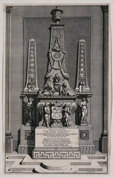 An ornate sepulchre bearing an inscribed epitaph to Mr