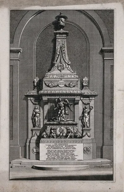 An ornate sepulchre for Balthasar Bekker, adorned with statues, a portrait medallion and an epitaph