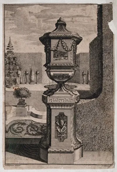 An ornate vase and pedestal with a battle scene carved on the side, in a classical garden