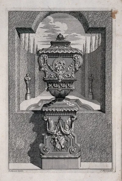 An ornate vase and pedestal with a bullfight carved on the side, in a classical garden