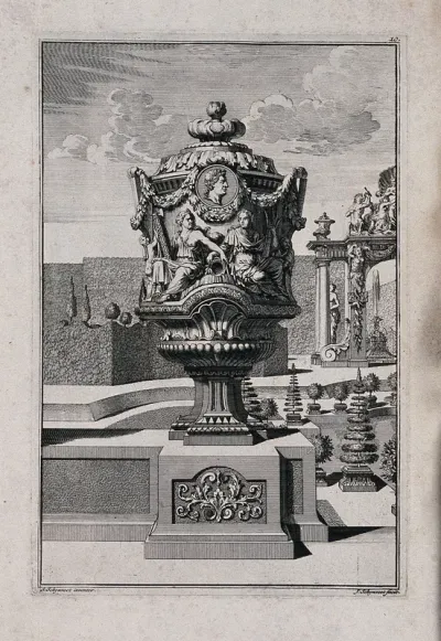 An ornate vase and pedestal with a man and woman making axe sheaths carved in relief on the side