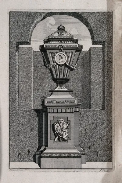 An ornate vase and pedestal with a man fighting lion carved on the base
