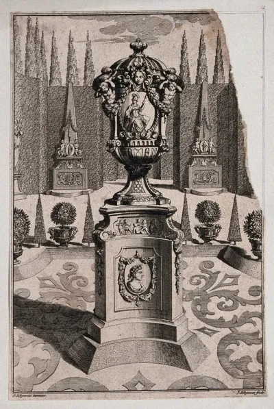 An ornate vase and pedestal with a warrior carved on the side, in a classical garden