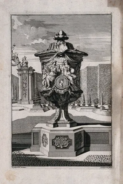 An ornate vase and pedestal with a young soldier courting a woman carved in relief on the side