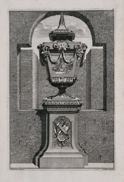 An ornate vase and pedestal with crowds round a burning building carved on the side
