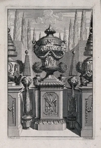 An ornate vase and pedestal with gardening tools carved on the base, in a classical garden