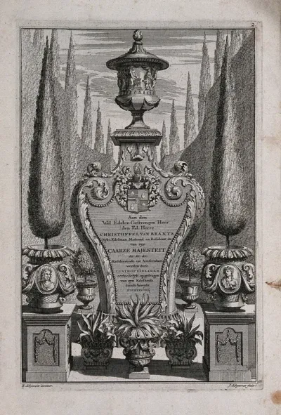An ornate vase on a large and elaborate pedestal bearing an epitaph to Christoffel van Brants