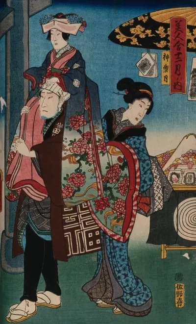 An ornately dressed girl is carried to a shrine on a man's shoulders, a woman follows her holding her long skirts; there is a sweet seller's stall to the right and a shrine gate to the left