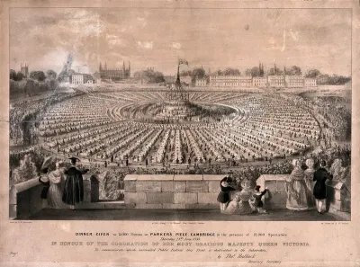 An outdoor dinner in Cambridge celebrating the coronation of Queen Victoria