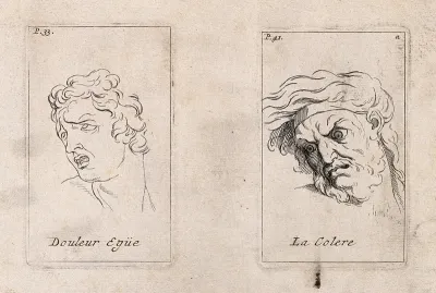 An outline of a face expressing acute pain (left); a face showing anger