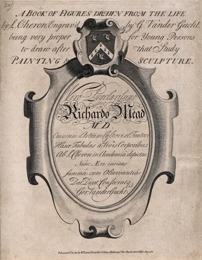 An oval cartouche containing a dedication to Dr Richard Mead