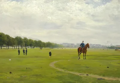 An overcast summer day with children playing and a rider in uniform on Fælleden (the Commons) in Copenhagen.