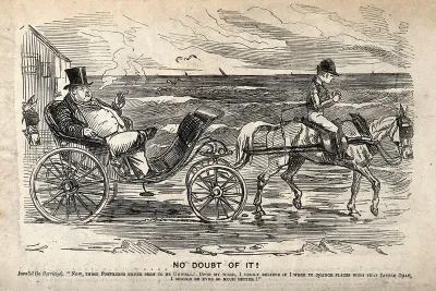 An overweight man being driven through the sea in a carriage drawn by a small thin man on a horse