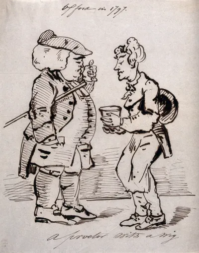 An Oxford University proctor wearing a wig and carrying a cane looks through a quizzing glass at a flowerpot shown to him by a gardener