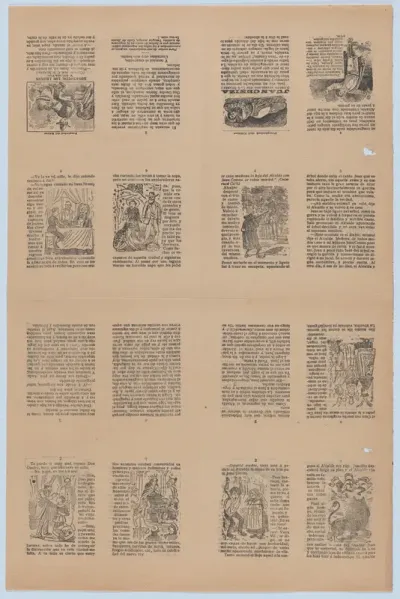 An uncut sheet printed on both sides with pages from "Juan Ceniza" (cuento arreglado por C. S. Suarez) and "Rosendito, los leones y el sapo" (cuento por C. S. Suarez)