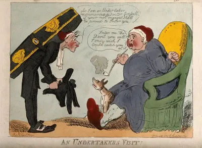 An undertaker visiting a sick man in the hope of gaining a new client