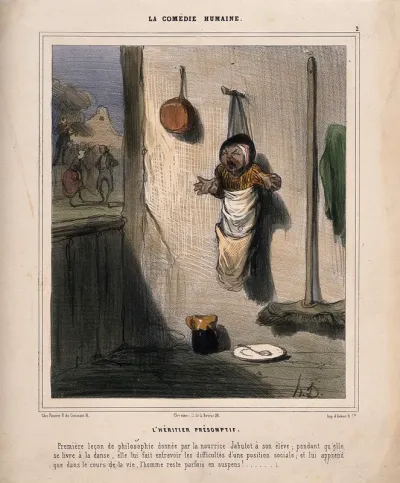 An unhappy young child hung on a wall by his nurse, who has gone dancing