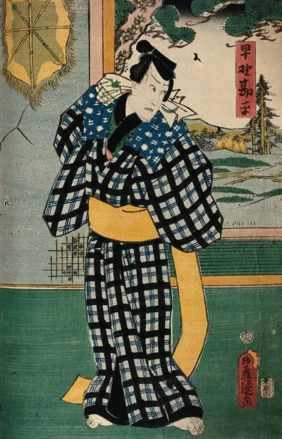 An unidentified actor as Hayano Gampei in the poor house, tying on his sash (obi)