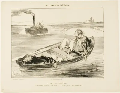 An Unpleasant Encounter. “Bernardel, Bernardel! Here comes the steamer... we will sink!,” plate 16 from Les Canotiers Parisiens
