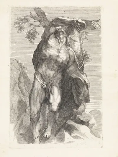 Anatomische studie van een man die aan een boom is gebonden