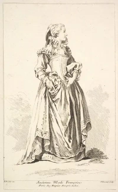 Ancienne Mode Françoise, plate 4 from "Recueil de diverses fig.res étrangeres Inventées par F. Boucher P.tre du Roy et Gravées par F. Ravenet" (Collection of Various Foreign Figures, Devised by F. Boucher, Painter of the King and Engraved [etched] by