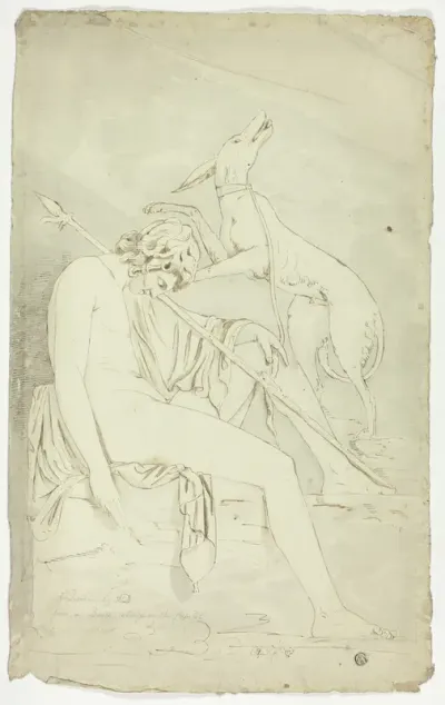 Ancient Bas-Relief of Sleeping Hunter and Dog
