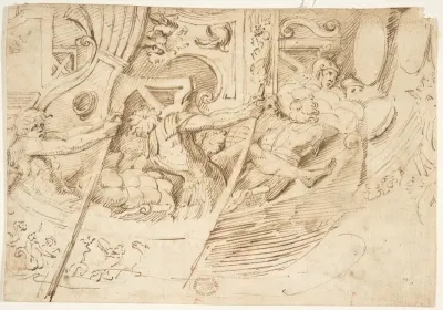 Ancient Naval Battle (recto); Park with Monuments (verso)