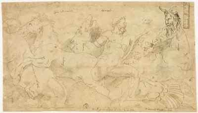 Ancient Relief with Hercules and the Mares of Diomedes (recto); Two Sketches: Draped Satyr and Winged Female Figure (verso)