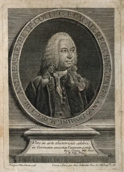 André Levret. Line engraving by A. Schlechter, 1753, after J. B. S. Chardin, 1746