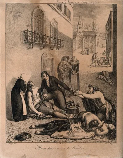 André Mazet tending people suffering from yellow fever in the streets of Barcelona