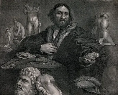 Andrea Odoni in a cloak edged with fur, sitting at a table with a small book and some coins, surrounded by antique statues