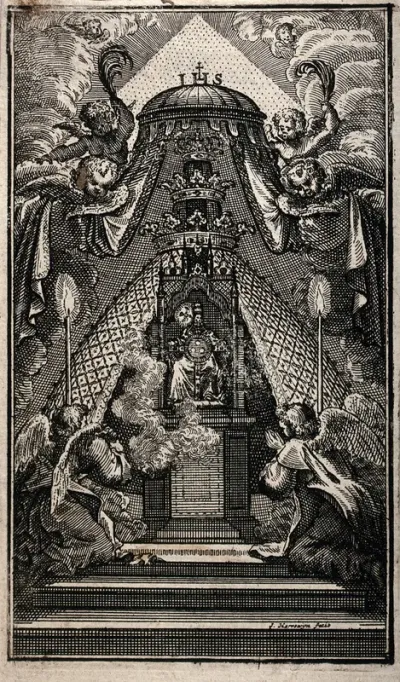 Angels adoring a monstrance underneath a baldachine which bears Papal and Jesuit symbols