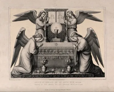 Angels in adoration of the Eucharist, which is presented on an altar decorated with the Last Supper