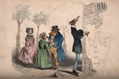Animals dressed as gentlemen and ladies survey the medical advertisements on a wall