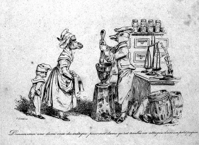Animals portraying a pharmacist with customers